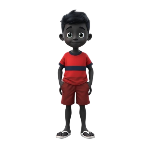 black character with red, dark blue shorts, red shirt with black horizontal stripe and white flip-flops.
