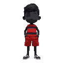 black character with red, dark blue shorts, red shirt with black horizontal stripe and white flip-flops.