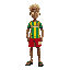 character with flamengo soccer team shirt, dins shorts, black flip-flops, blonde hair with african descent.