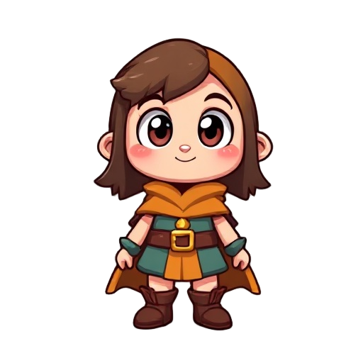 a cute cartoon 2d character sprite for a platform rpg game, simple and appealing like 'pou', but with more personality. rounded body, expressive big eyes, colorful outfit with fantasy rpg vibe (small cape, belt, boots, or hat). soft shading, vibrant color