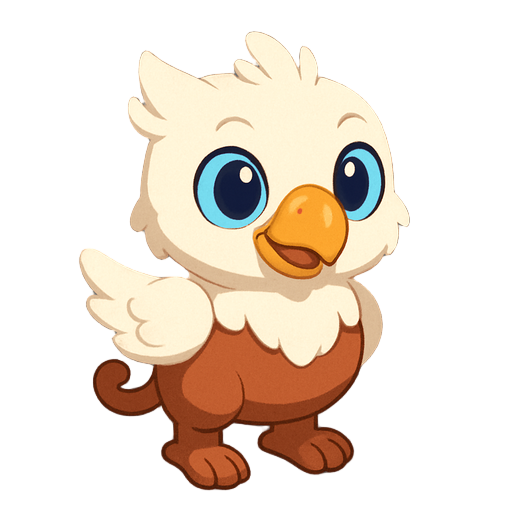 a cute fantasy creature with white feathers, big blue eyes, an orange beak, short wings, reddish-brown body and legs, and a small curled tail, standing with a playful expression.