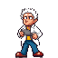 un cientifico con cabello blanco con un control de nintendo en la cabeza como deadema caminando