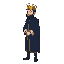 a king in dark blue clothes, hands down empty, facing right side