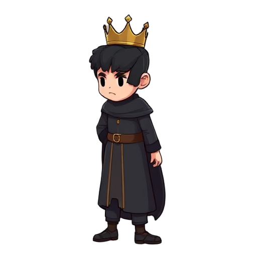 a king in dark clothes, hands down empty, facing right side