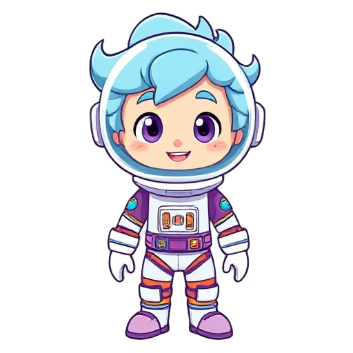 a cartoon-style astronaut character inspired by the steven universe art style, with light blue curly hair, expressive eyes, and a colorful futuristic space suit. the character should have a soft, rounded design, friendly facial features, and vibrant color