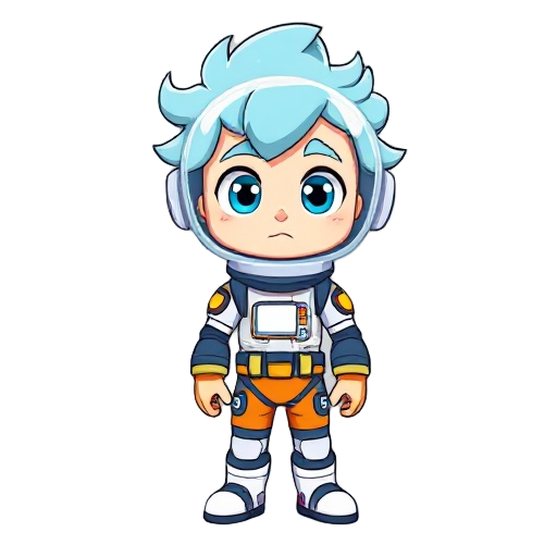 a cartoon-style astronaut character inspired by the steven universe art style, with light blue curly hair, expressive eyes, and a colorful futuristic space suit.