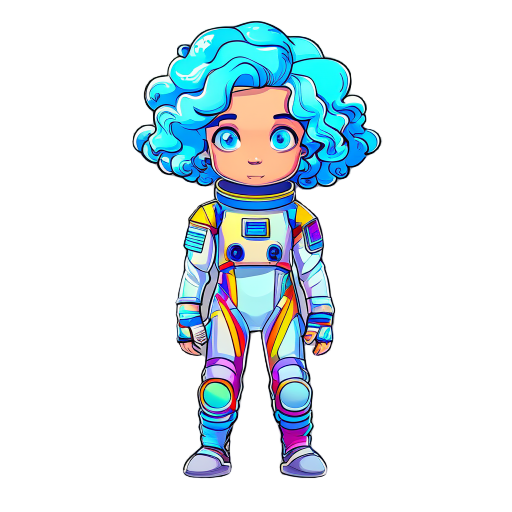 a cartoon-style astronaut character inspired by the steven universe art style, with light blue curly hair, expressive eyes, and a colorful futuristic space suit.