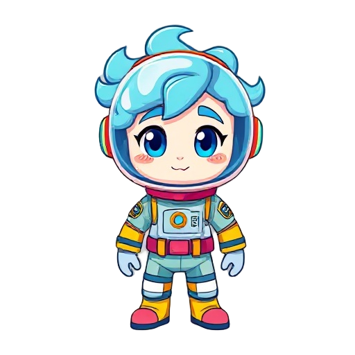 a cartoon-style astronaut character inspired by the steven universe art style, with light blue curly hair, expressive eyes, and a colorful futuristic space suit. the character should have a soft, rounded design, friendly facial features, and vibrant color
