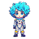 a cartoon-style astronaut character inspired by thedeltarune art style, with light blue curly hair, expressive eyes, and a colorful futuristic space suit.