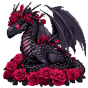a majestic, mythical dragon adorned with rose-petal feathers and dark, shimmering scales, resting among a lush bed of blooming red roses. the dragon’s head and wings are crowned with thorny rose-like structures, and its eyes glow with a fierce crimson lig