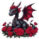 a majestic, mythical dragon adorned with rose-petal feathers and dark, shimmering scales, resting among a lush bed of blooming red roses. the dragon’s head and wings are crowned with thorny rose-like structures, and its eyes glow with a fierce crimson lig