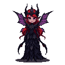  mystical dark fae queen with glowing purple eyes, crimson-red flowing hair that moves like flame, and dark, elegant armor shaped like rose petals and thorns. her dress is made of layered black leaves and sharp organic textures.