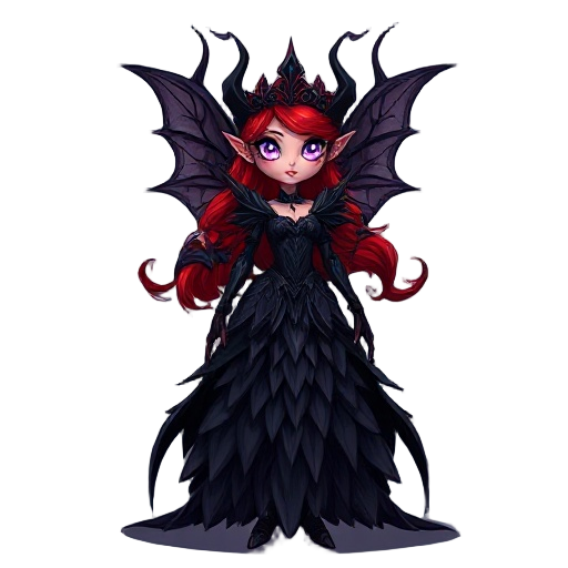  mystical dark fae queen standing gracefully in an enchanted forest. she has glowing purple eyes, crimson-red flowing hair that moves like flame, and dark, elegant armor shaped like rose petals and thorns. her dress is made of layered black leaves and sha