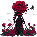 a mysterious rose warrior standing in a blooming rose field at dawn. her head is a large, fully bloomed red rose with swirling petals, and her armor is sleek and organic, shaped like thorny petals in shades of crimson and black. she wields a long, thorned