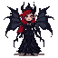  mystical dark fae queen with glowing purple eyes, crimson-red flowing hair that moves like flame, and dark, elegant armor shaped like rose petals and thorns. her dress is made of layered black leaves and sharp organic textures.