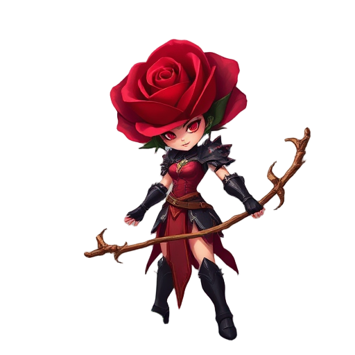 a mysterious rose warrior standing in a blooming rose field at dawn. her head is a large, fully bloomed red rose with swirling petals, and her armor is sleek and organic, shaped like thorny petals in shades of crimson and black. she wields a long, thorned