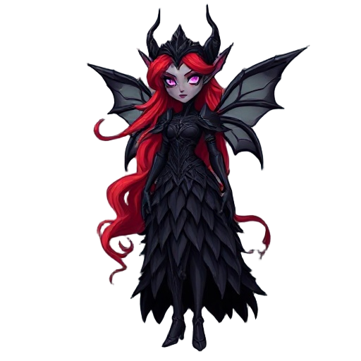  mystical dark fae queen standing gracefully in an enchanted forest. she has glowing purple eyes, crimson-red flowing hair that moves like flame, and dark, elegant armor shaped like rose petals and thorns. her dress is made of layered black leaves and sha