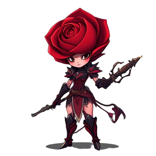 a mysterious rose warrior standing in a blooming rose field at dawn. her head is a large, fully bloomed red rose with swirling petals, and her armor is sleek and organic, shaped like thorny petals in shades of crimson and black. she wields a long, thorned
