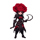 a mysterious rose warrior standing in a blooming rose field at dawn. her head is a large, fully bloomed red rose with swirling petals, and her armor is sleek and organic, shaped like thorny petals in shades of crimson and black. she wields a long, thorned