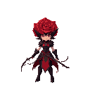 a mysterious rose warrior standing in a blooming rose field at dawn. her head is a large, fully bloomed red rose with swirling petals, and her armor is sleek and organic, shaped like thorny petals in shades of crimson and black. she wields a long, thorned