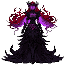 mystical dark fae queen with glowing purple eyes, crimson-red flowing hair that moves like flame, and dark, elegant armor shaped like rose petals and thorns. her dress is made of layered black leaves and sharp organic textures.