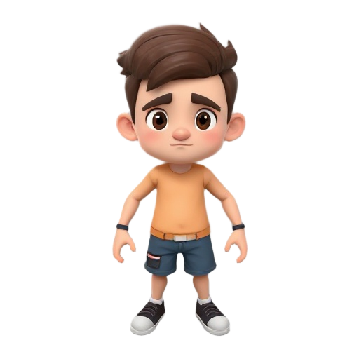 personagem 3d low poly para jogo top-down; cartunesco; cabeça grande, corpo pequeno; membros simples; cores chapadas; roupa neutra lisa; expressão neutra amigável; sem acessórios; base modular para aplicar skins.