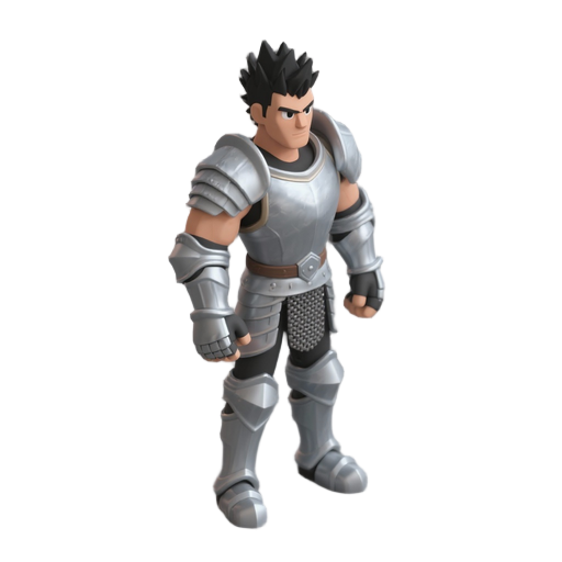 warrior man, silver armor, black hair, spikey hair, pale skin, strong body