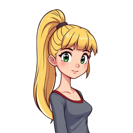 a young woman with long blond hair tied in a high ponytail