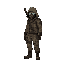 a lone stalker character in a post-apocalyptic wasteland, wearing a hooded jacket, gas mask, tactical vest, cargo pants, boots, and gloves. the outfit has muted earth tones, some equipment and a backpack visible. the character holds a rifle slung over the