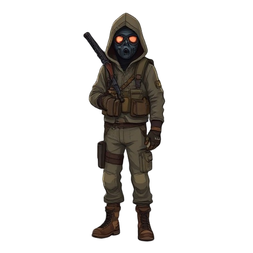 a lone stalker character in a post-apocalyptic wasteland, wearing a hooded jacket, gas mask, tactical vest, cargo pants, boots, and gloves. the outfit has muted earth tones, some equipment and a backpack visible. the character holds a rifle slung over the