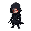 a dark chibi warrior, standing in a dramatic pose. he wears tattered black armor with glowing red eyes beneath a shadowy hood