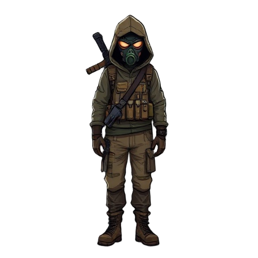 a lone stalker character in a post-apocalyptic wasteland, wearing a hooded jacket, gas mask, tactical vest, cargo pants, boots, and gloves. the outfit has muted earth tones, some equipment and a backpack visible. the character holds a rifle slung over the