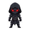 a dark chibi warrior, standing in a dramatic pose. he wears tattered black armor with glowing red eyes beneath a shadowy hood