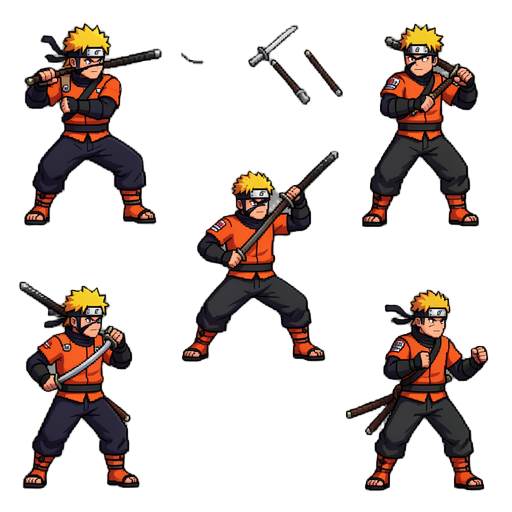 create a complete animated pixel art sprite sheet of an original elite ninja warrior inspired by the style and energy of naruto for a modern 2d side-scrolling action rpg game
