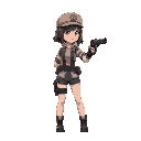 a girl in a short soldier outfit, using a pistol, right