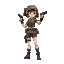 a girl in a short soldier outfit, using a pistol, right
