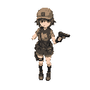 a girl in a short soldier outfit, using a pistol, right