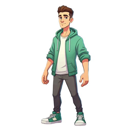 crie uma animação de um pesonagem, ele é um aluno do ifnmg(logo usa calça cinza e camisa branca com manga verde), quero quatro frames dele andando para a direita e uma imagem dele parado de frente para tela. esyilo 2d cartoon