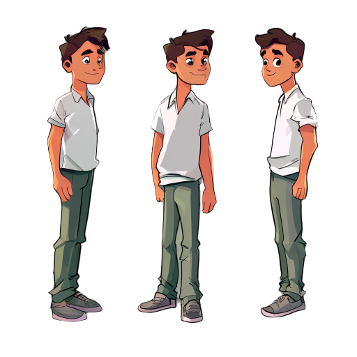 crie uma animação de um pesonagem, ele é um aluno do ifnmg(logo usa calça cinza e camisa branca com manga verde), quero quatro frames dele andando para a direita e uma imagem dele parado de frente para tela. esyilo 2d cartoon