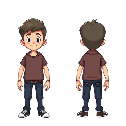 generate an image with a cartoon of a boy from the front, side and back