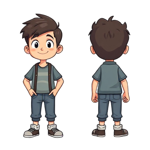 generate an image with a cartoon of a boy in 3 positions: front, side and back
