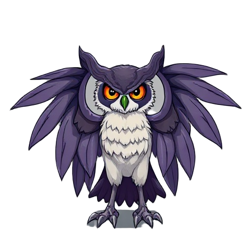 an animal half owl pokemon half vampire, it has long wings that spread across the ground. i want the 90s anime style