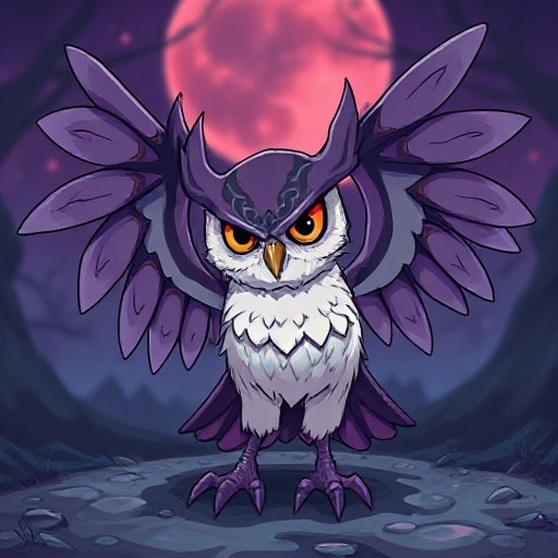 an animal half owl pokemon half vampire, it has long wings that spread across the ground. i want the 90s anime style