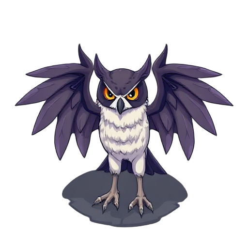an animal half owl pokemon half vampire, it has long wings that spread across the ground. i want the 90s anime style