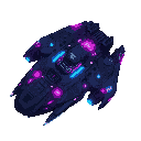 design a futuristic cyberpunk-style spaceship. the ship should have a gritty, high-tech aesthetic with neon lights, exposed wires, dark metallic surfaces, and glowing holographic elements.