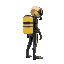 scuba diver with a diving mask, fins, neopren suit and a yellow tank on their back, facing to the right, view is from the side, full body shot