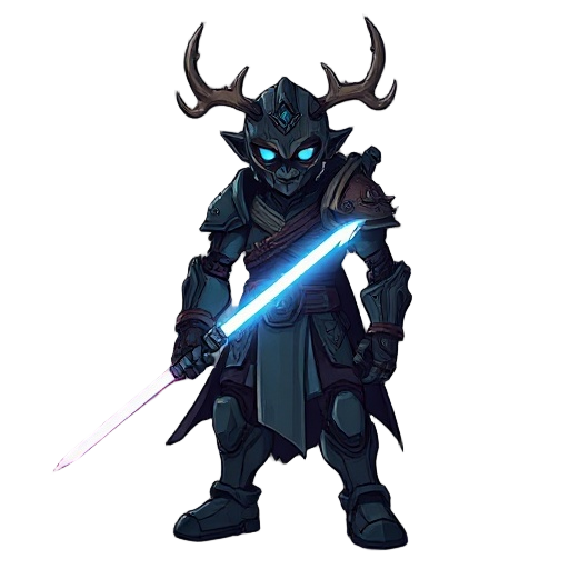 ixel art character, half-human half-droid warrior, holding a glowing lightsaber, gritty atmosphere, inspired by death stranding and dark souls, elk horns on head, dark moody colors, cinematic vibe