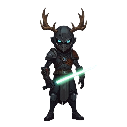 ixel art character, half-human half-droid warrior, holding a glowing lightsaber, gritty atmosphere, inspired by death stranding and dark souls, elk horns on head, dark moody colors, cinematic vibe