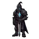 the grieving knight appearance: a towering figure clad in rusted armor, hunched over as if carrying an invisible weight.the armor is cracked, with faint blue light seeping from the gaps. greatsword