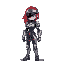 android, female, cyberpunk, red hair, large hair, robot armor, black visor